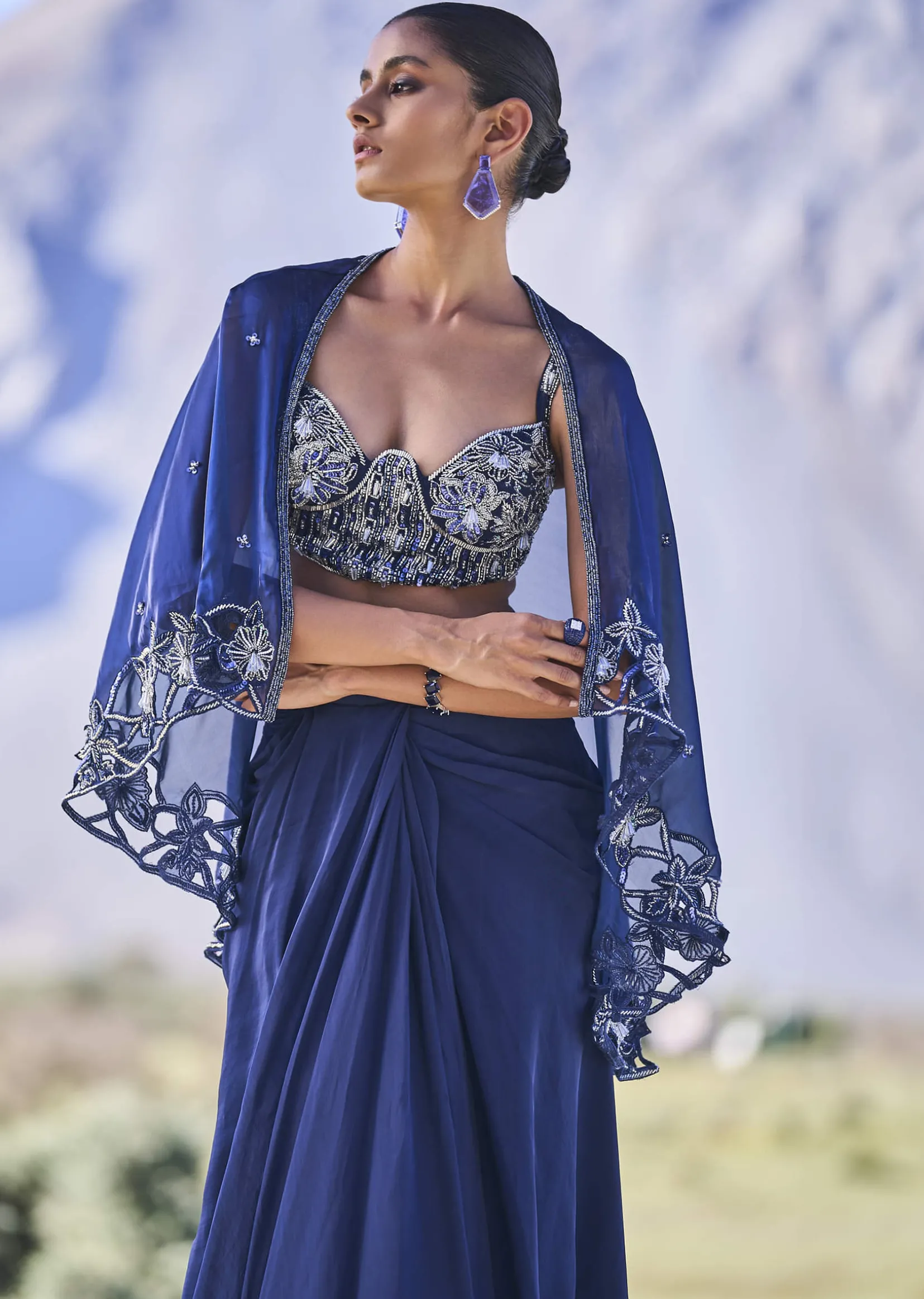 Blue Crepe Draped Skirt With Embroidered Blouse And Cape