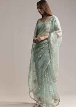 Blue Crush Tissue Saree With Heavy Floral Embroidery