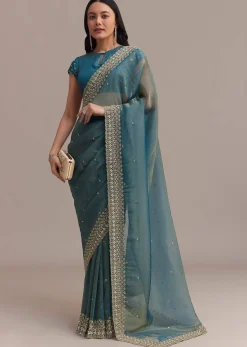 Blue Crushed Tissue Saree With Scallop Embellished Border