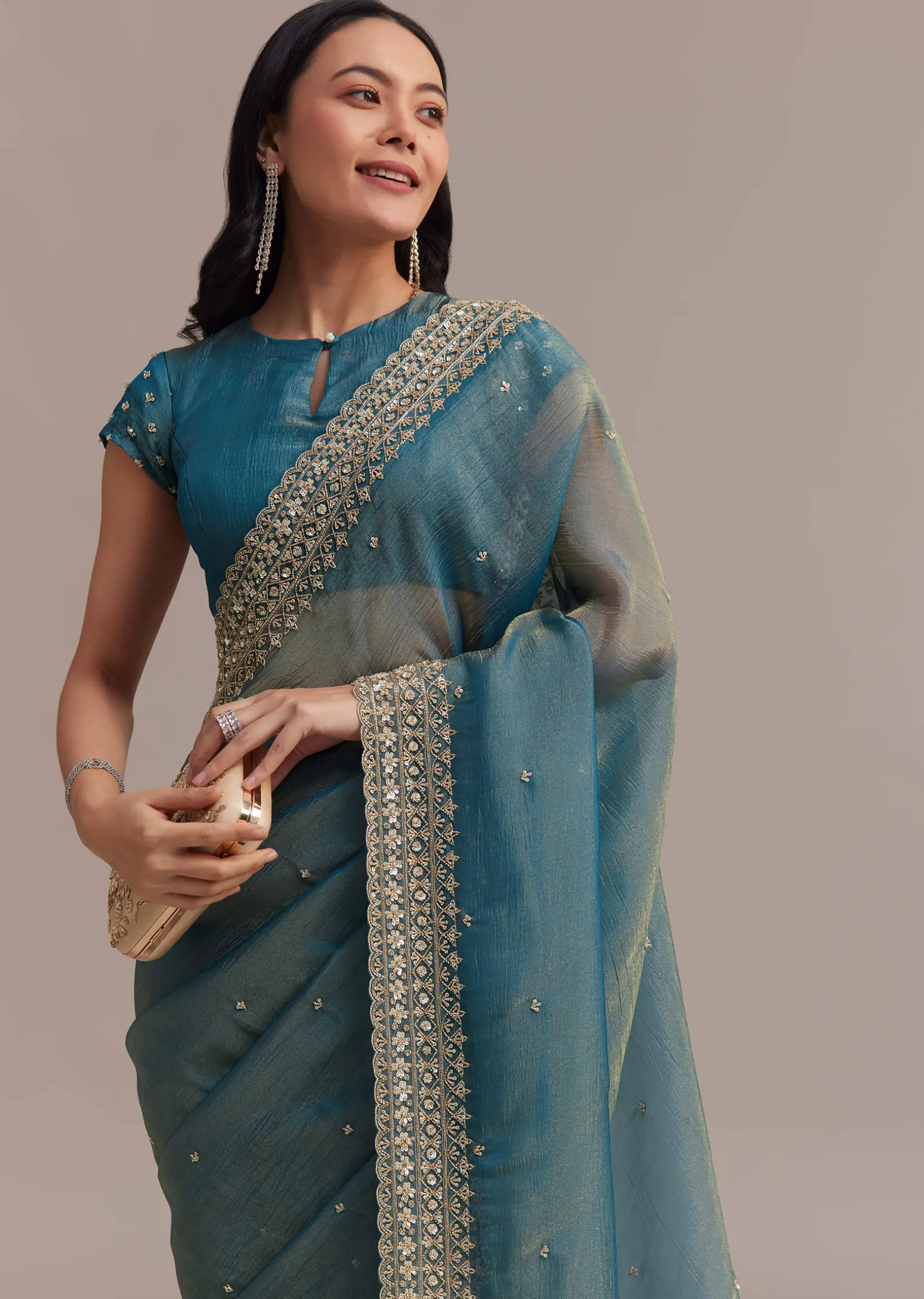 Blue Crushed Tissue Saree With Scallop Embellished Border
