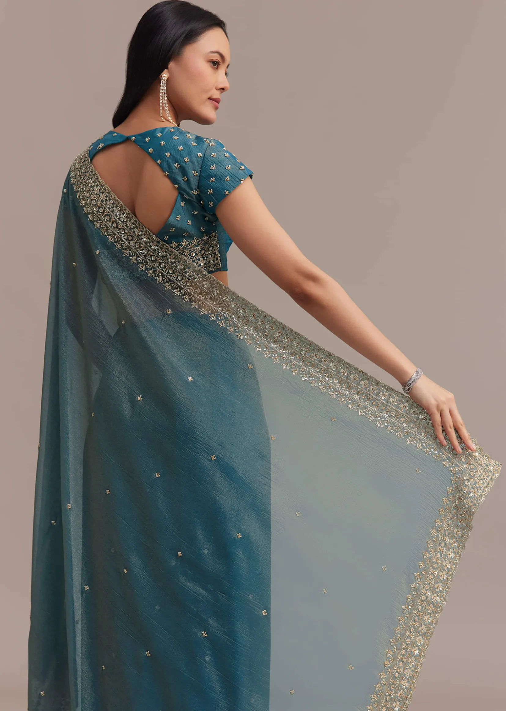 Blue Crushed Tissue Saree With Scallop Embellished Border