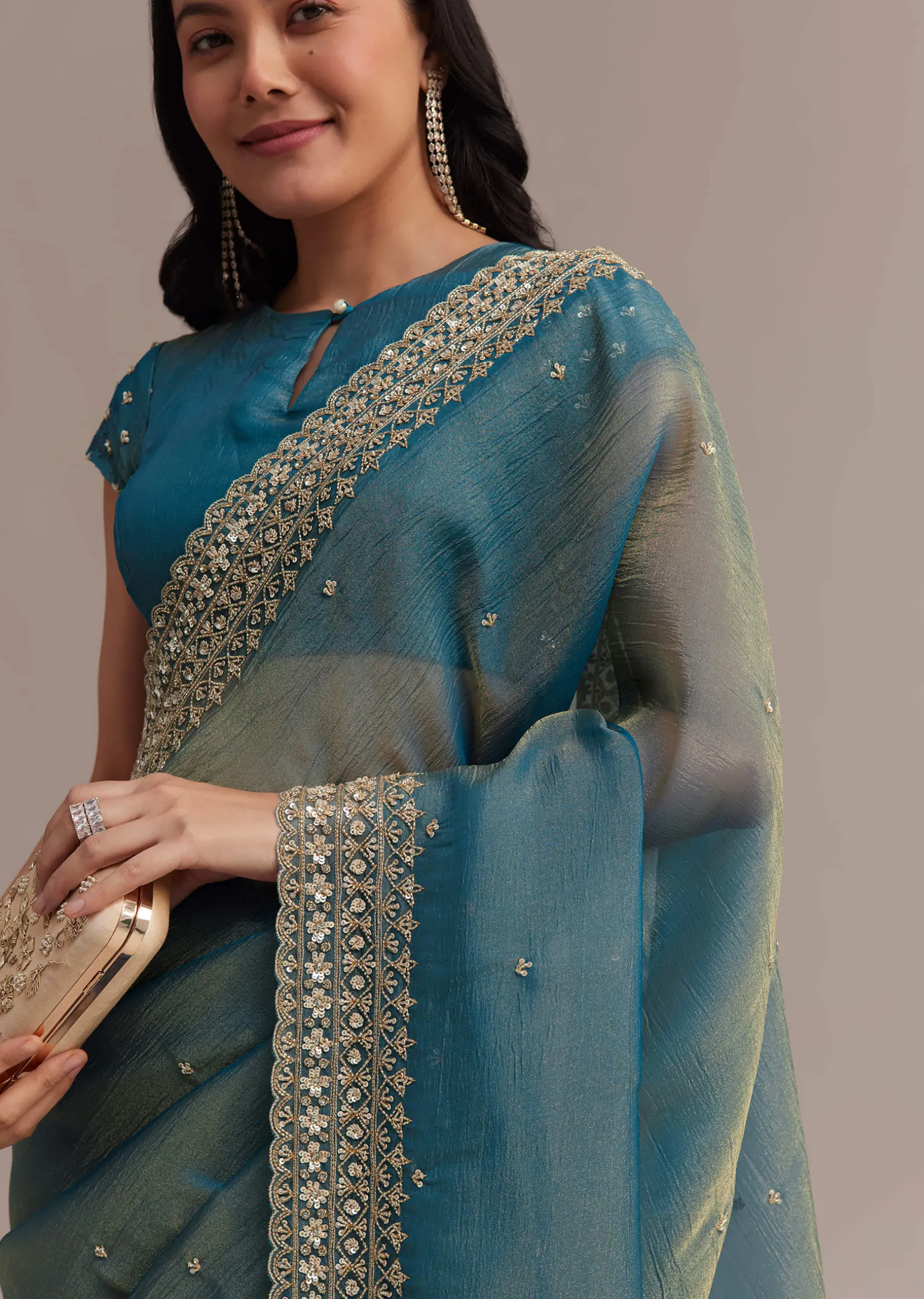 Blue Crushed Tissue Saree With Scallop Embellished Border