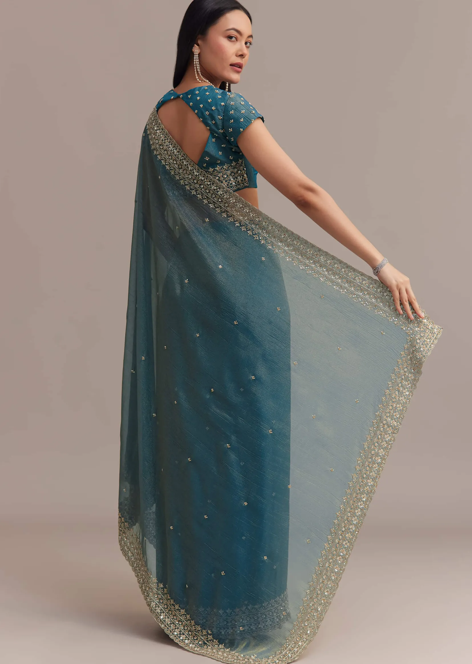 Blue Crushed Tissue Saree With Scallop Embellished Border
