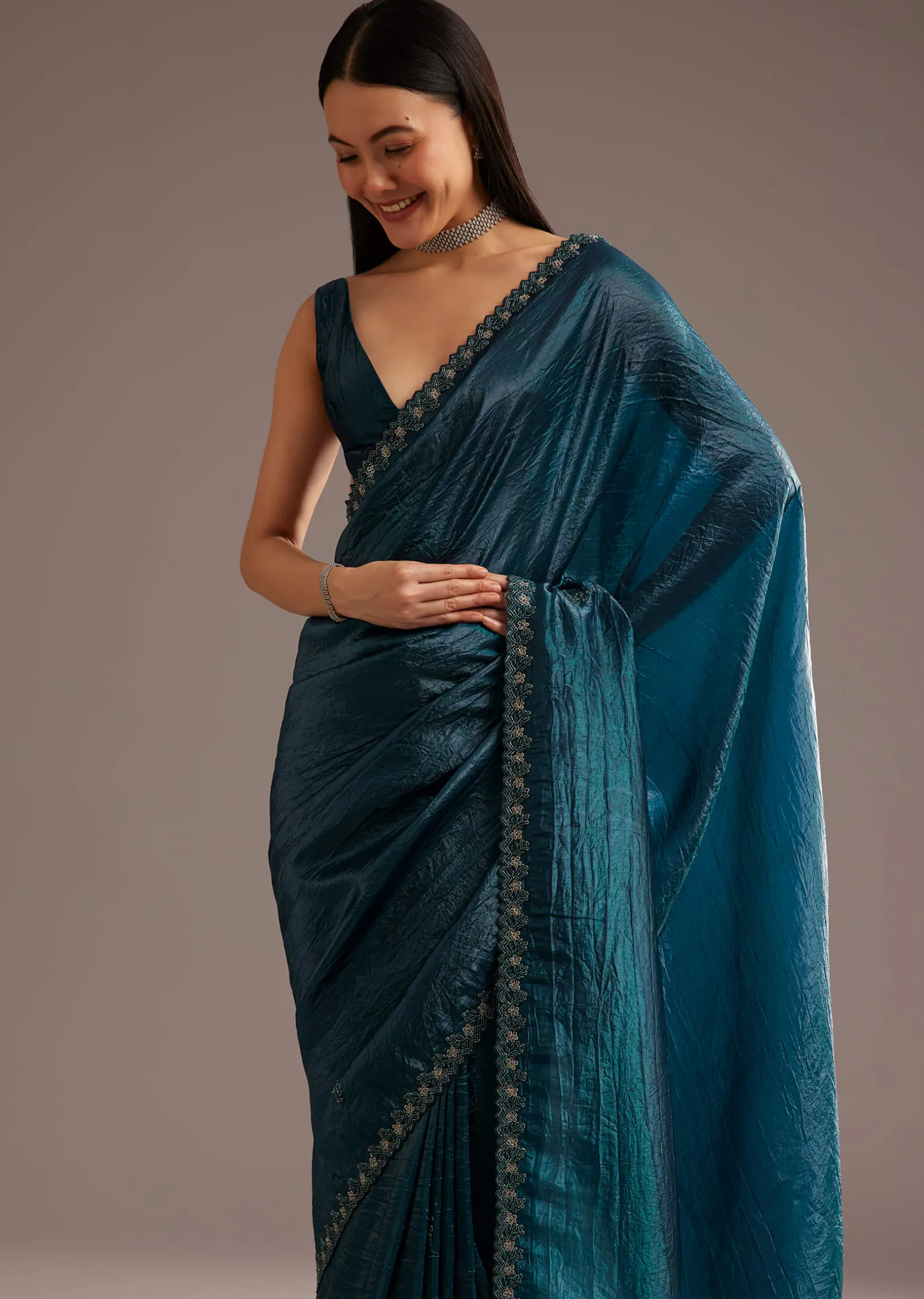 Blue Crushed Tissue Silk Saree With Cutdana Scallop Border