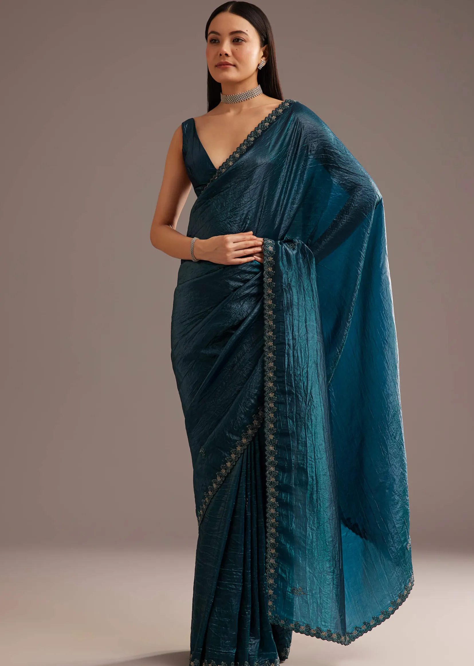 Blue Crushed Tissue Silk Saree With Cutdana Scallop Border