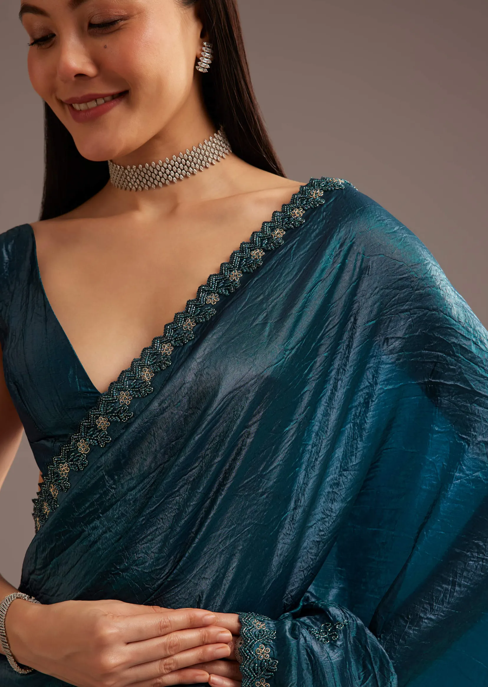 Blue Crushed Tissue Silk Saree With Cutdana Scallop Border