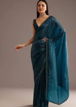 Blue Crushed Tissue Silk Saree With Cutdana Scallop Border