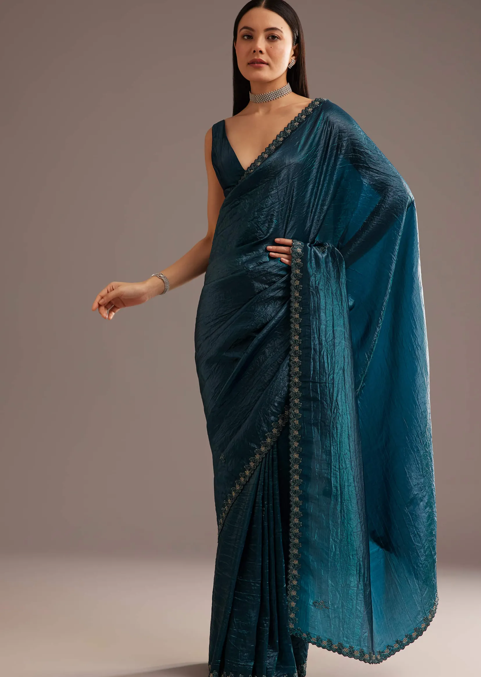 Blue Crushed Tissue Silk Saree With Cutdana Scallop Border