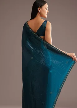 Blue Crushed Tissue Silk Saree With Cutdana Scallop Border