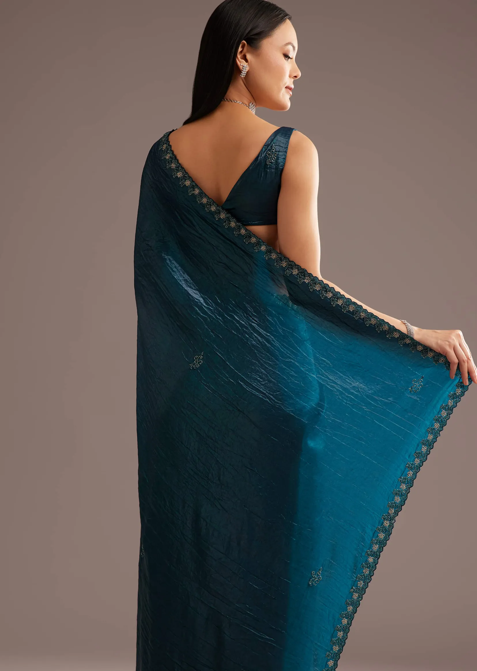Blue Crushed Tissue Silk Saree With Cutdana Scallop Border