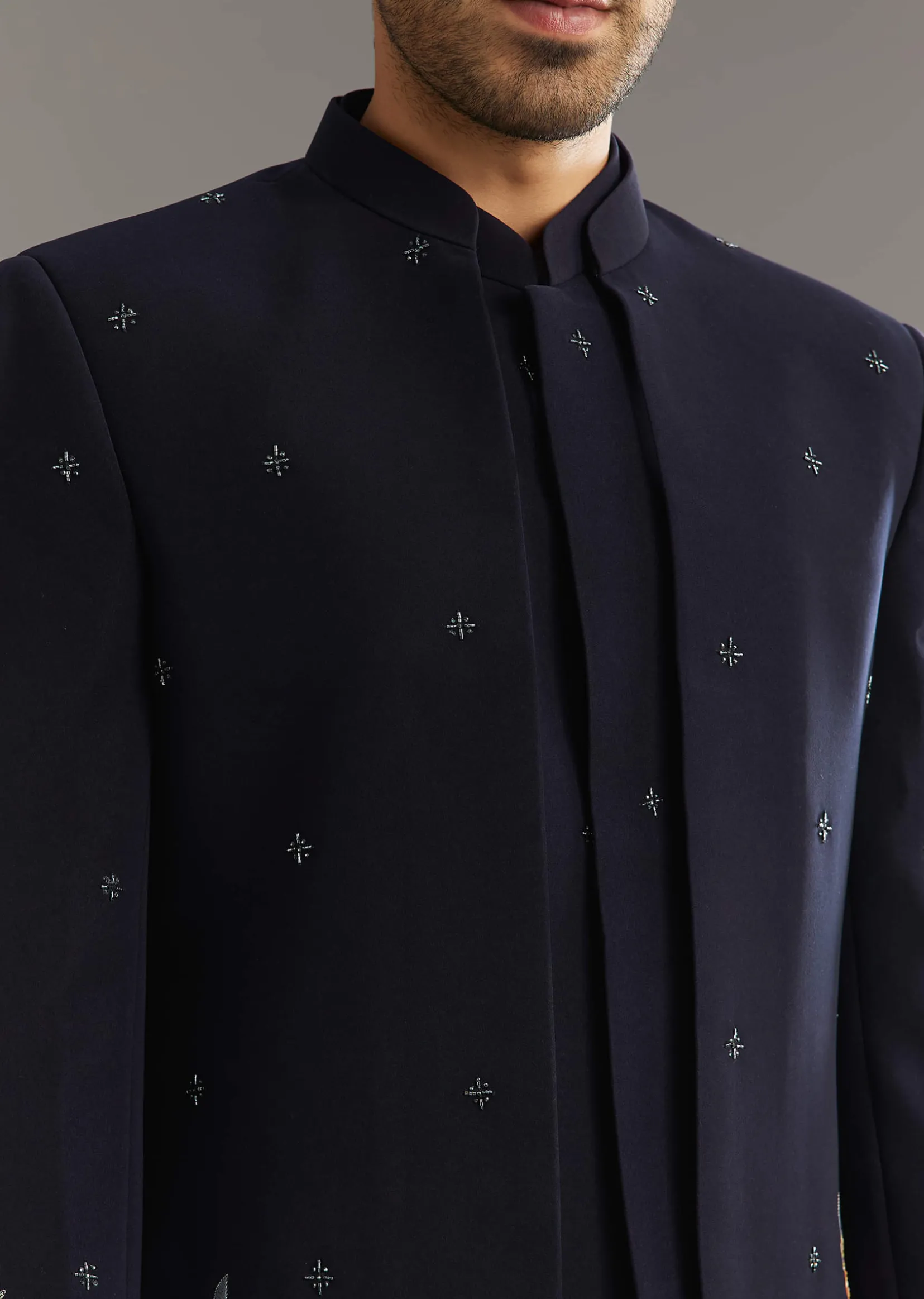 Blue Cutdana Embroidered Indo Western Set With Bird And Floral Motif