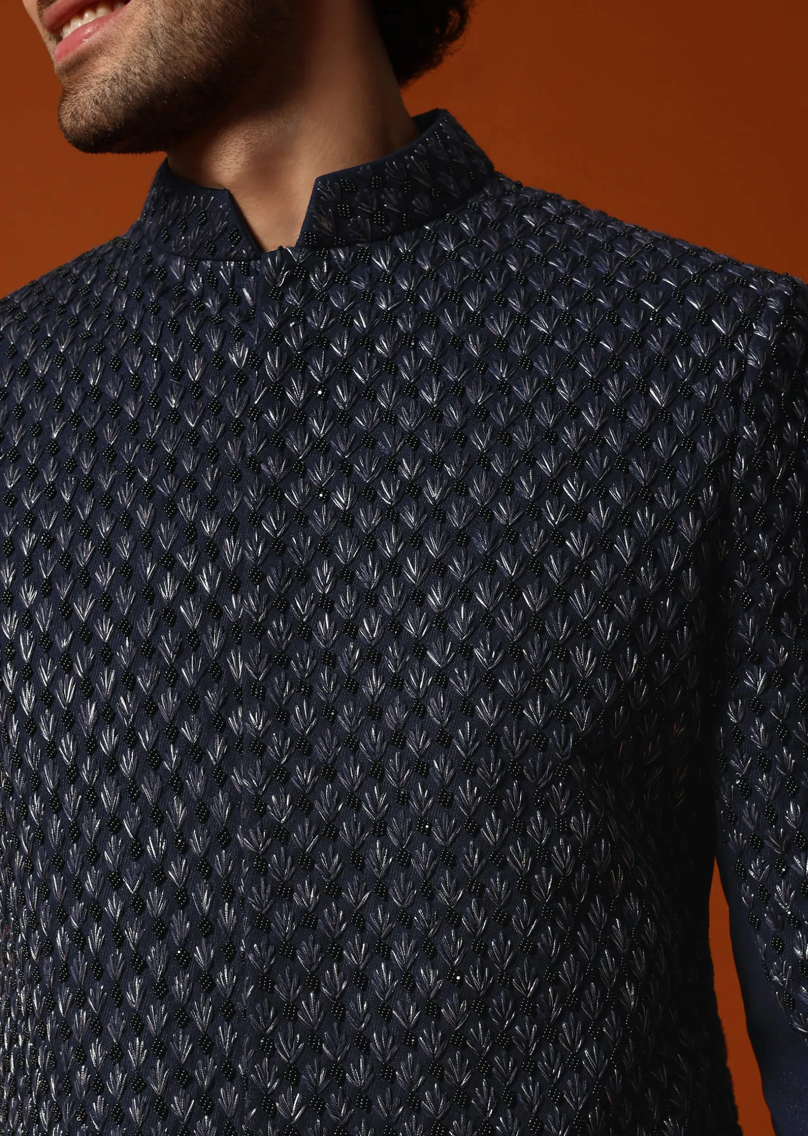 Blue Cutdana Embroidered Indowestern Suit For Men