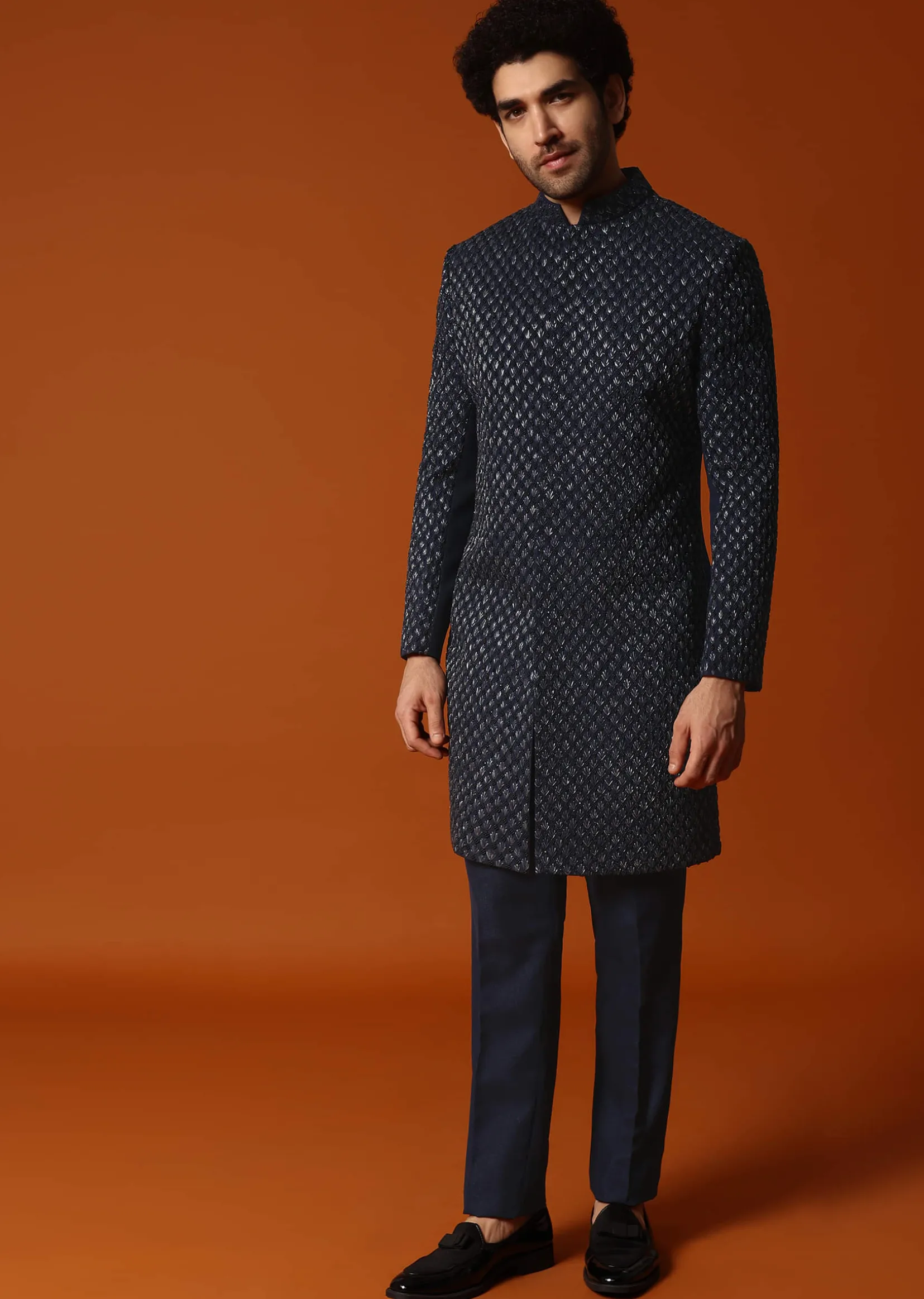 Blue Cutdana Embroidered Indowestern Suit For Men