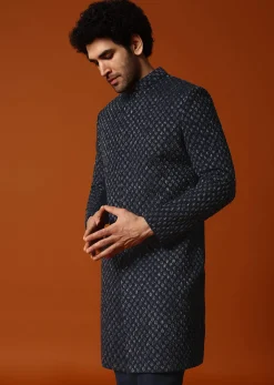 Blue Cutdana Embroidered Indowestern Suit For Men