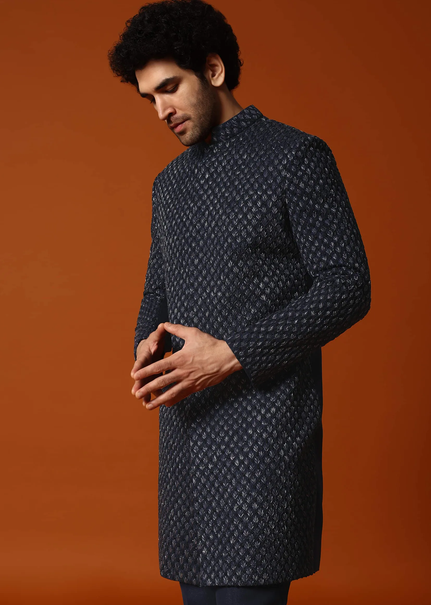Blue Cutdana Embroidered Indowestern Suit For Men