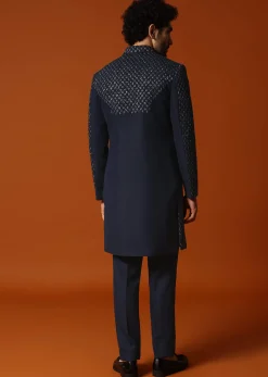 Blue Cutdana Embroidered Indowestern Suit For Men