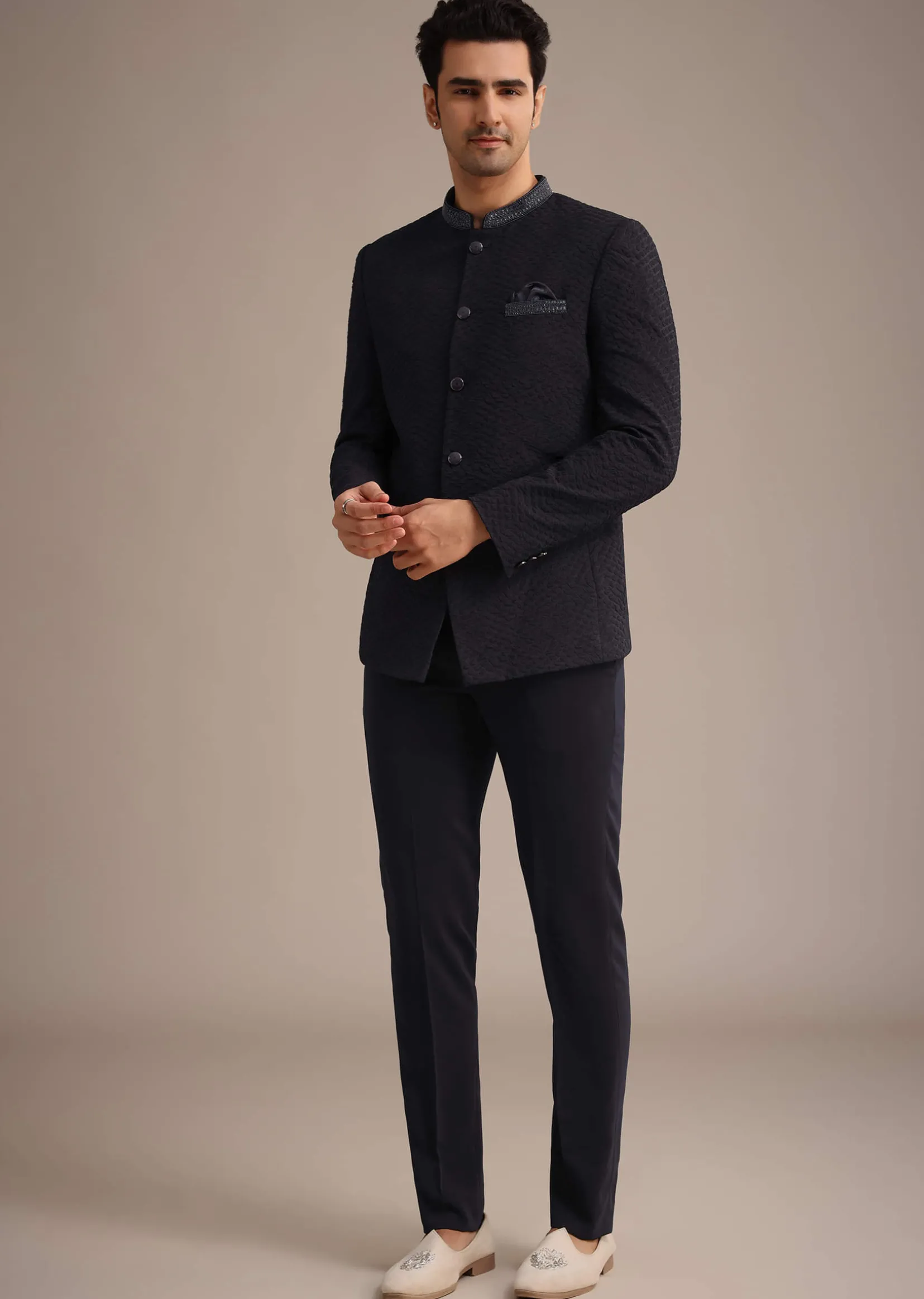 Blue Cutdana Work Jodhpuri And Pant Set With Pocket Square