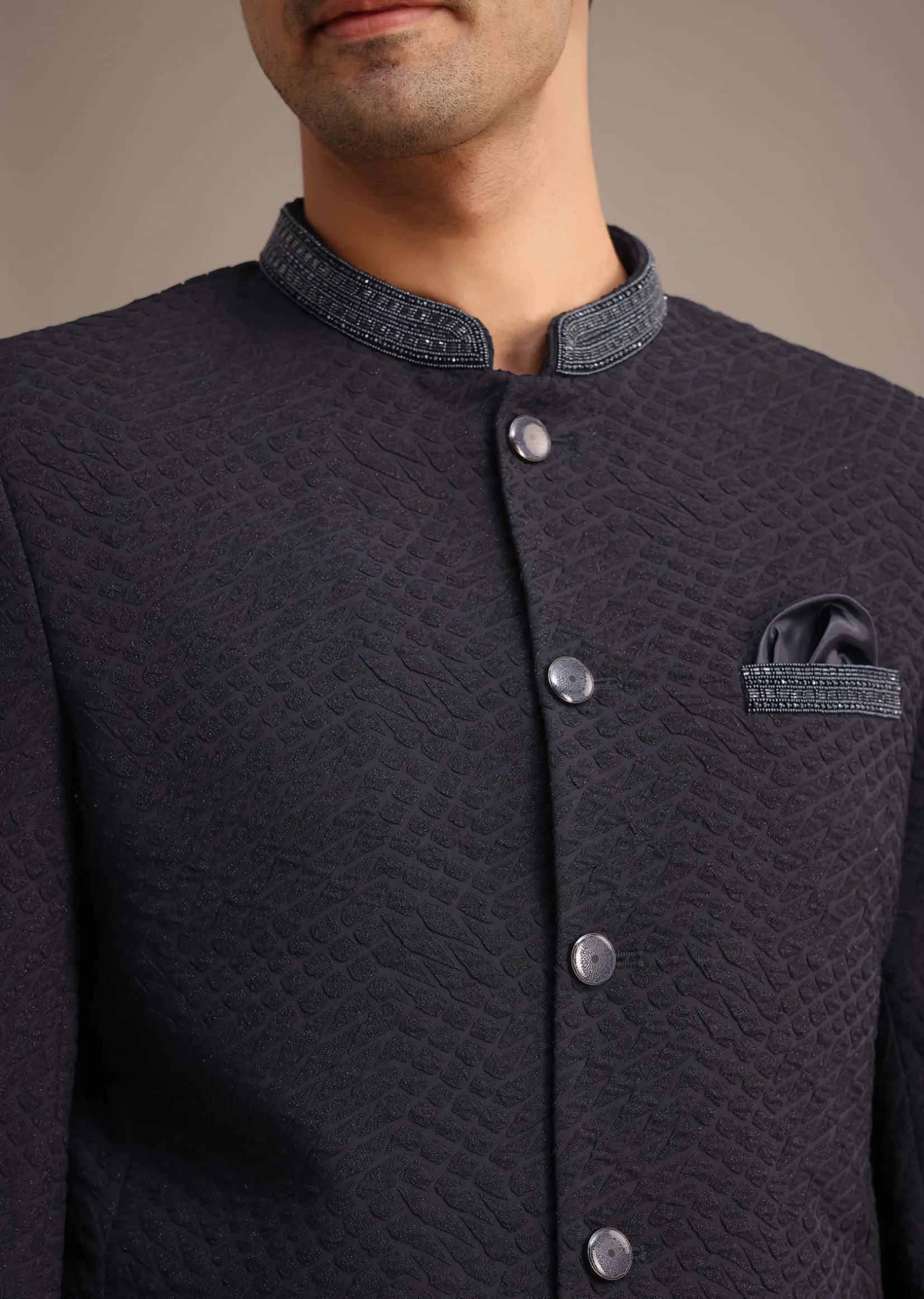 Blue Cutdana Work Jodhpuri And Pant Set With Pocket Square