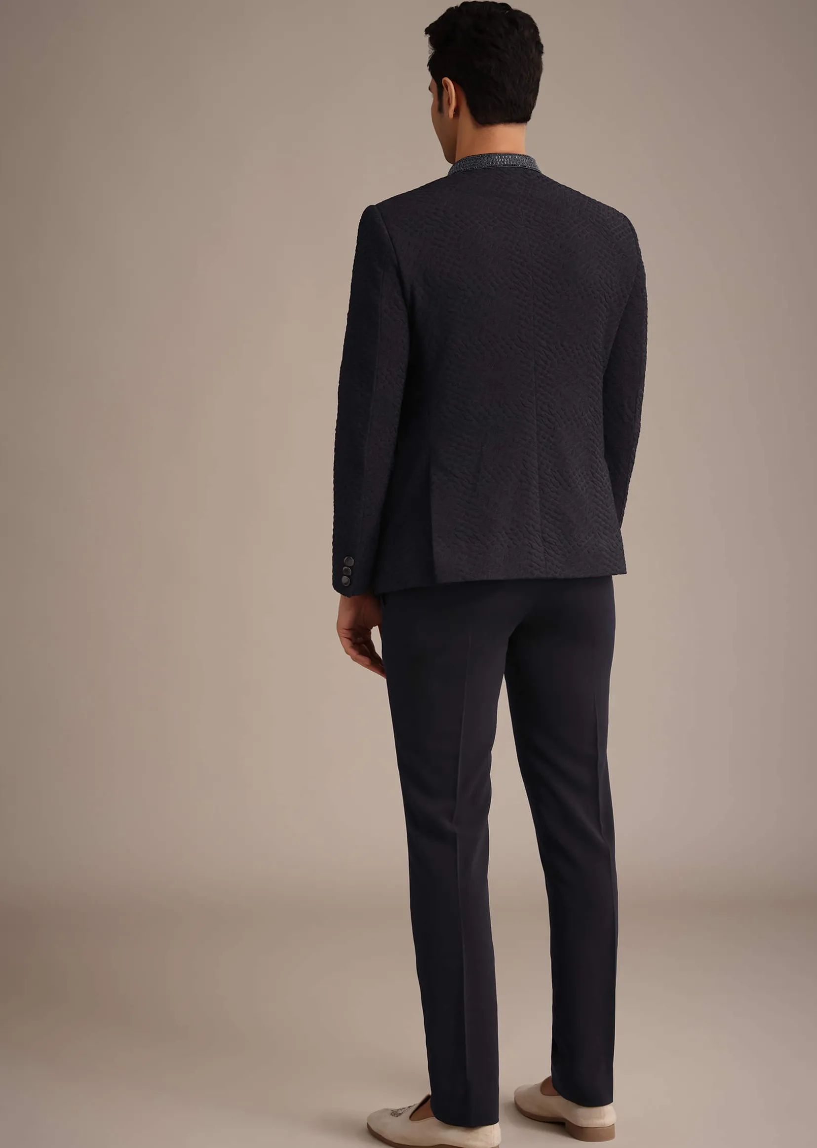 Blue Cutdana Work Jodhpuri And Pant Set With Pocket Square