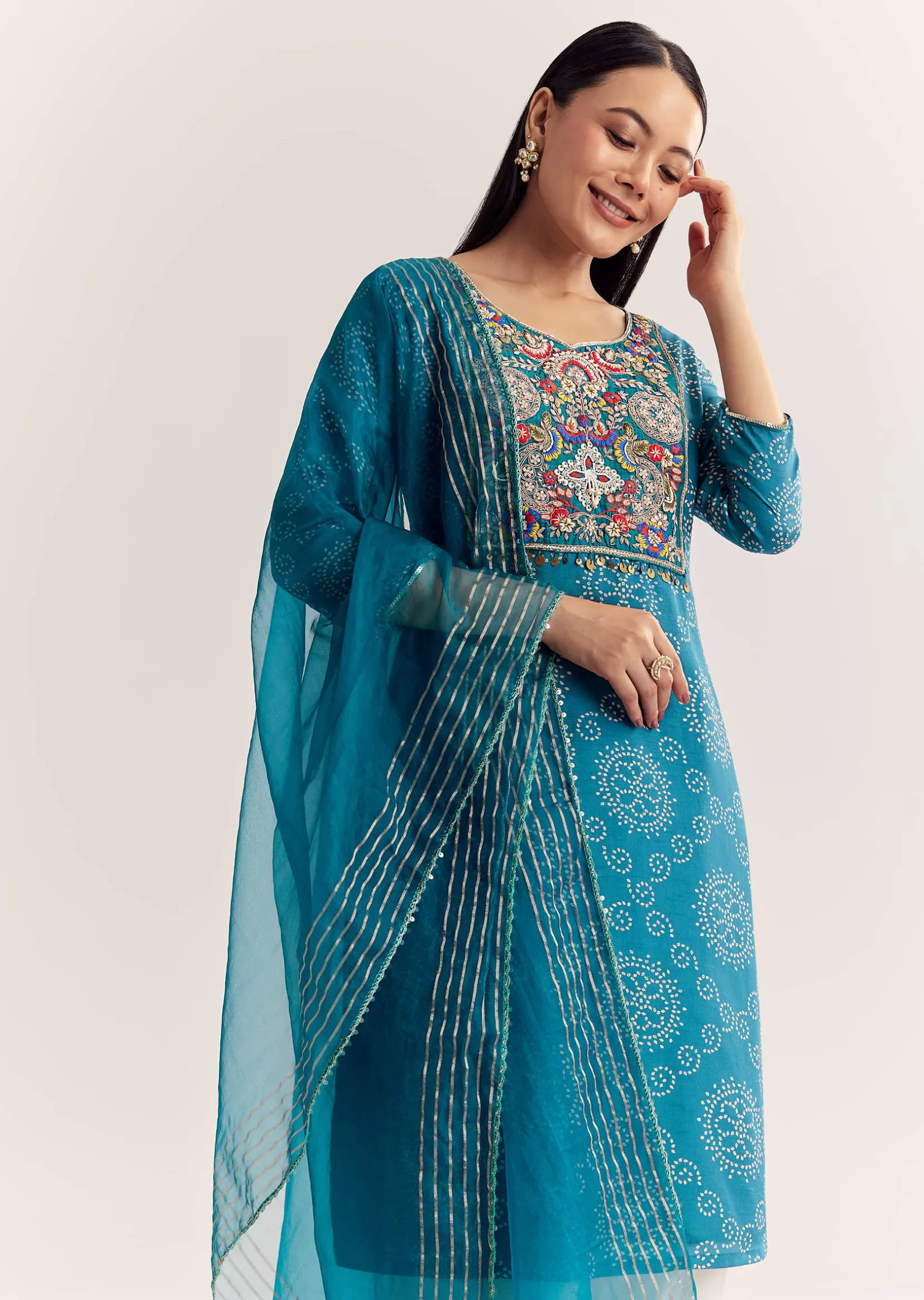 Blue Dola Silk Printed Kurta Dupatta Set With Embroidered Neckline