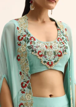 Blue Embellished Crop Top And Dhoti Set