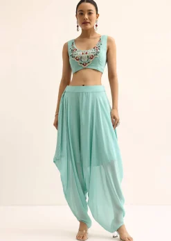Blue Embellished Crop Top And Dhoti Set