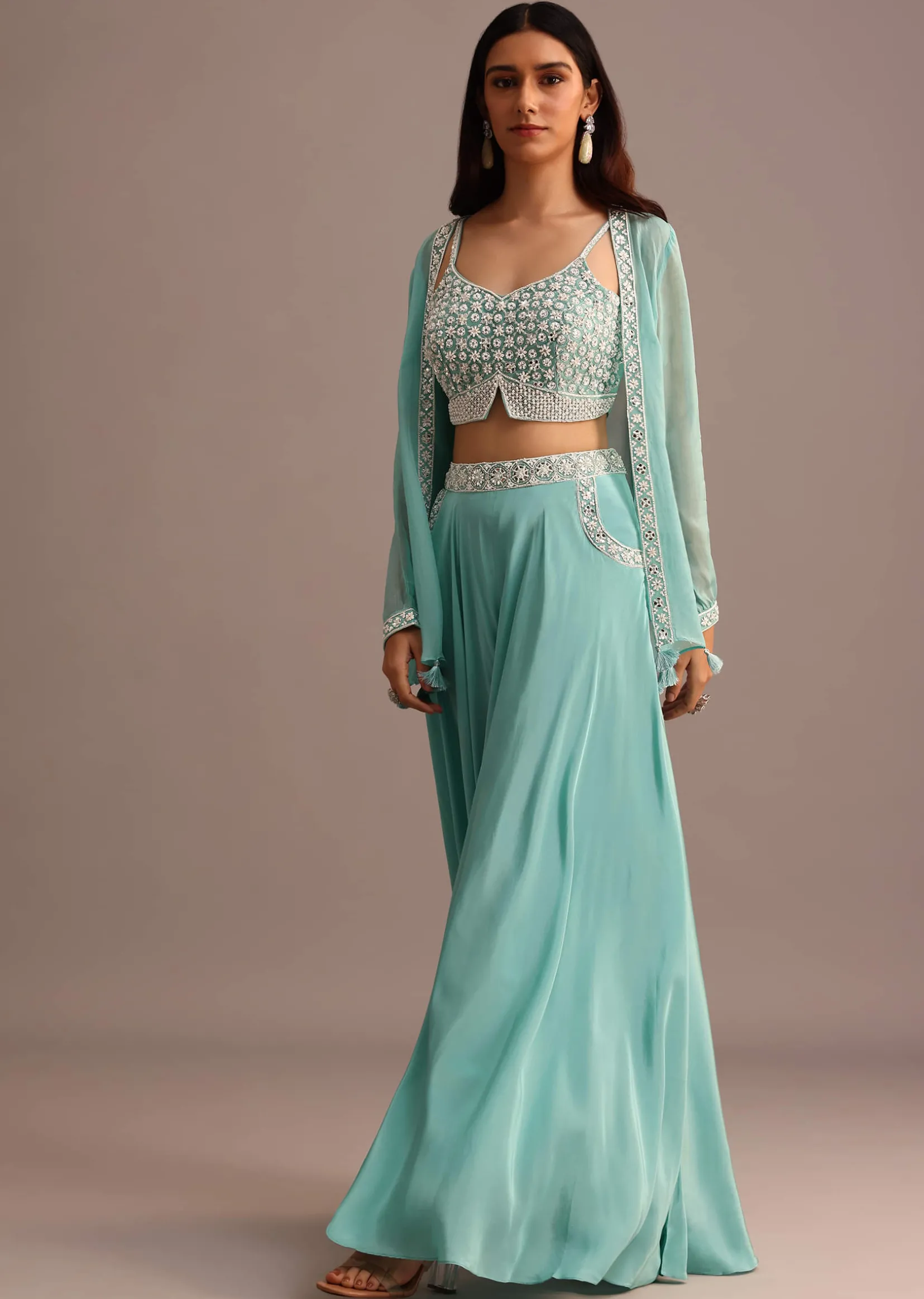 Blue Embellished Croptop Palazzo Set With Organza Jacket