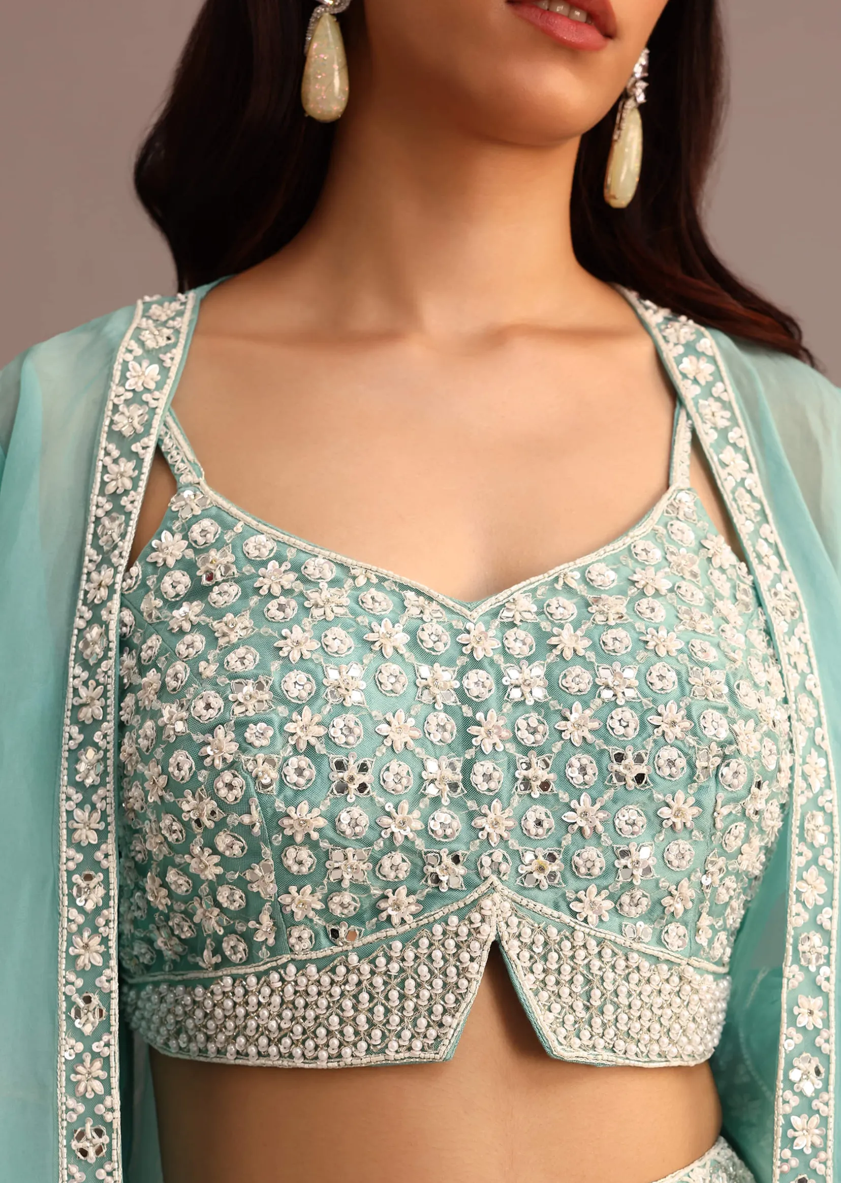 Blue Embellished Croptop Palazzo Set With Organza Jacket
