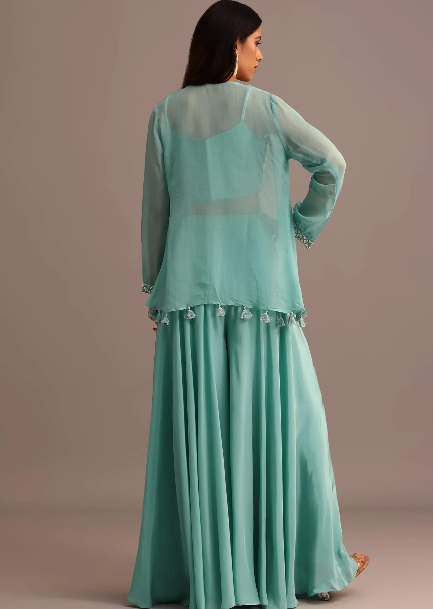 Blue Embellished Croptop Palazzo Set With Organza Jacket