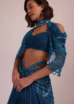 Blue Embroidered Bridal Lehenga And Blouse Set In Crushed Shimmer