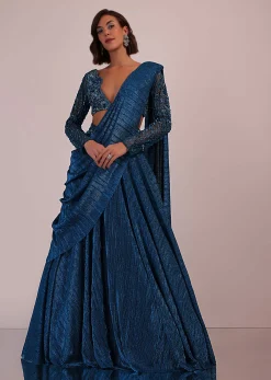 Blue Embroidered Bridesmaid Drape Saree And Blouse Set In Crushed Shimmer