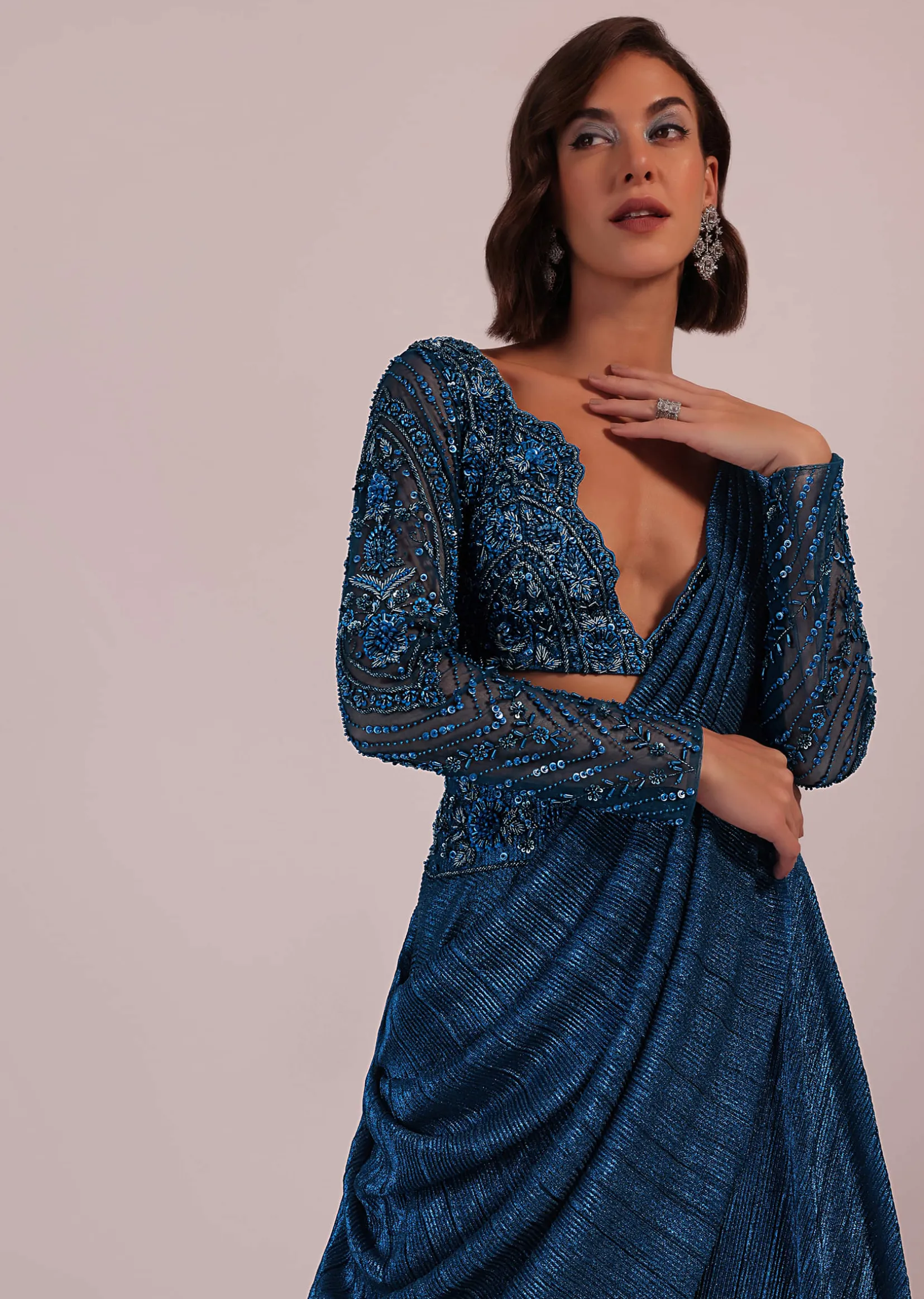 Blue Embroidered Bridesmaid Drape Saree And Blouse Set In Crushed Shimmer