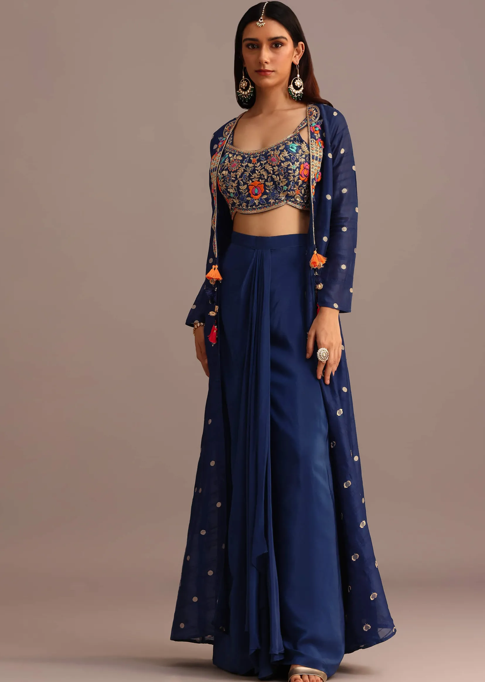 Blue Embroidered Croptop With Drape Skirt And Tussar Jacket