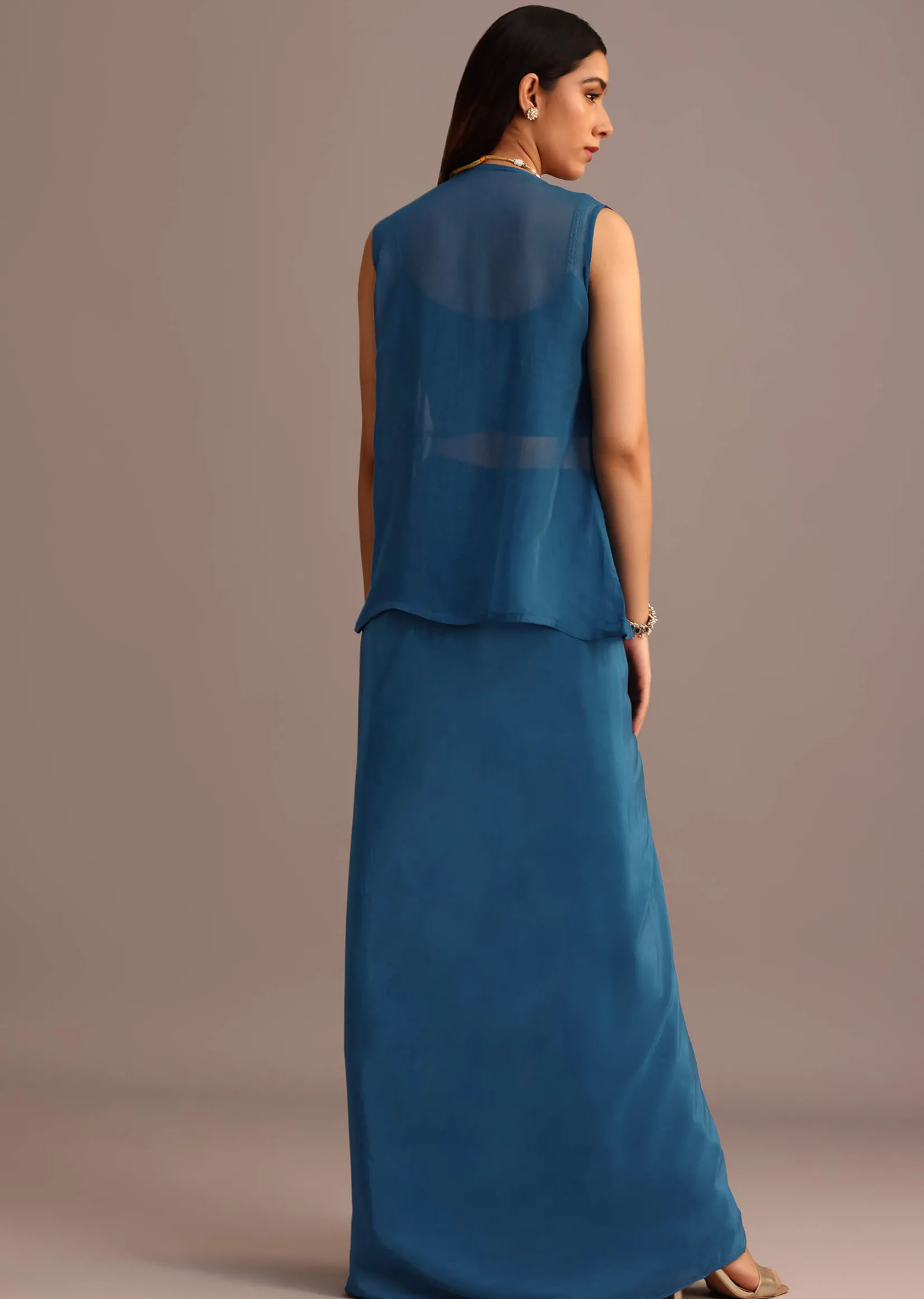 Blue Embroidered Croptop With Drape Skirt And Organza Jacket