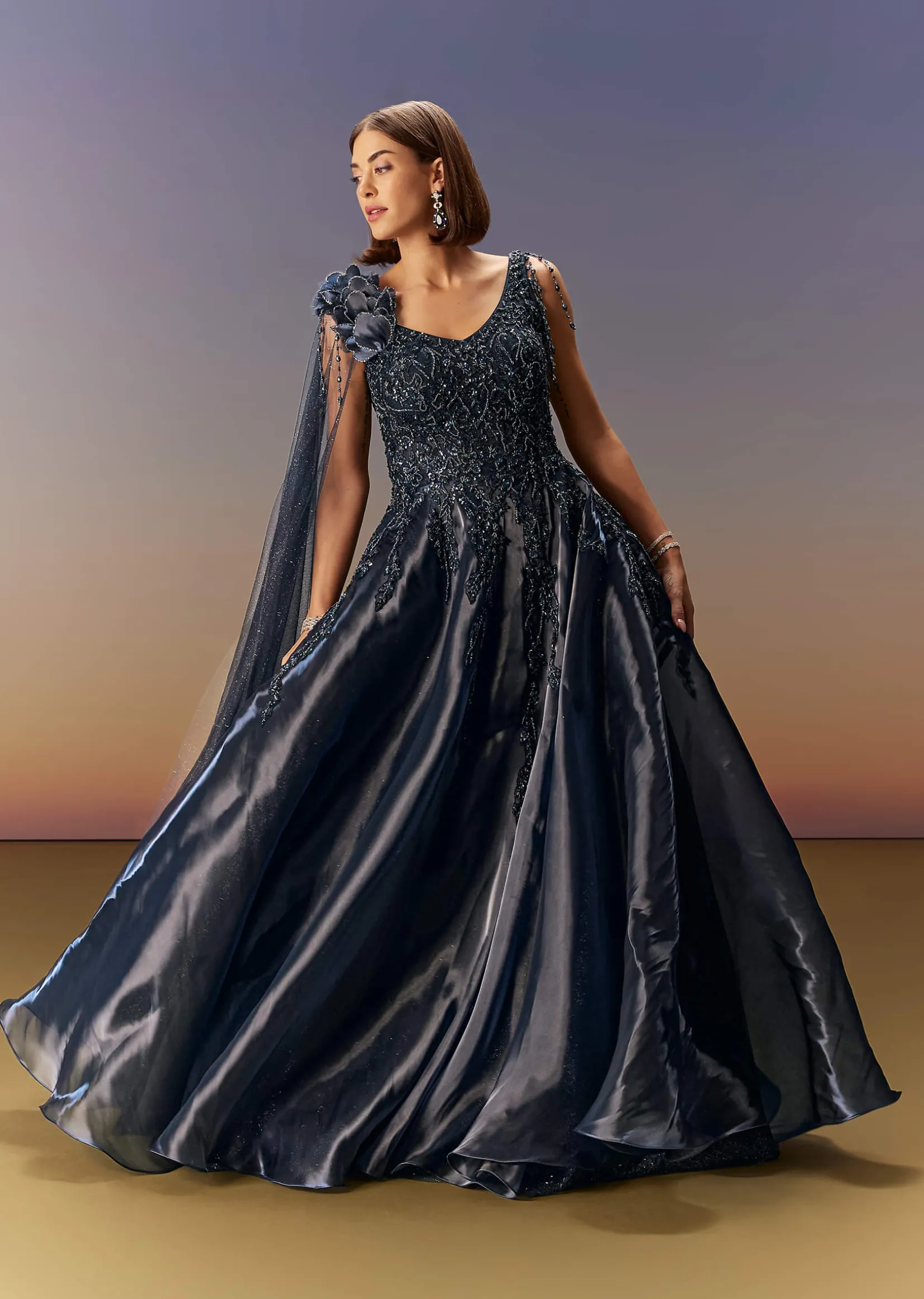 Blue Embroidered Gown With Asymmetric Shoulder Cape