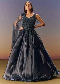 Blue Embroidered Gown With Asymmetric Shoulder Cape