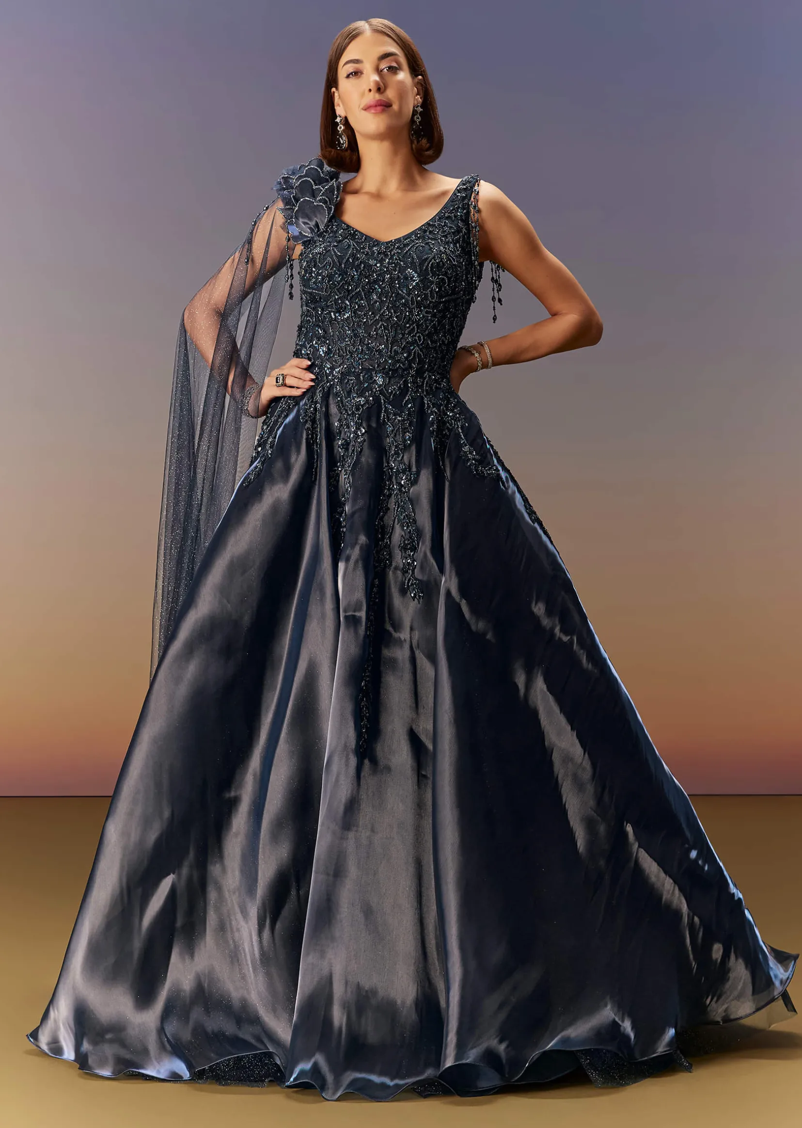 Blue Embroidered Gown With Asymmetric Shoulder Cape