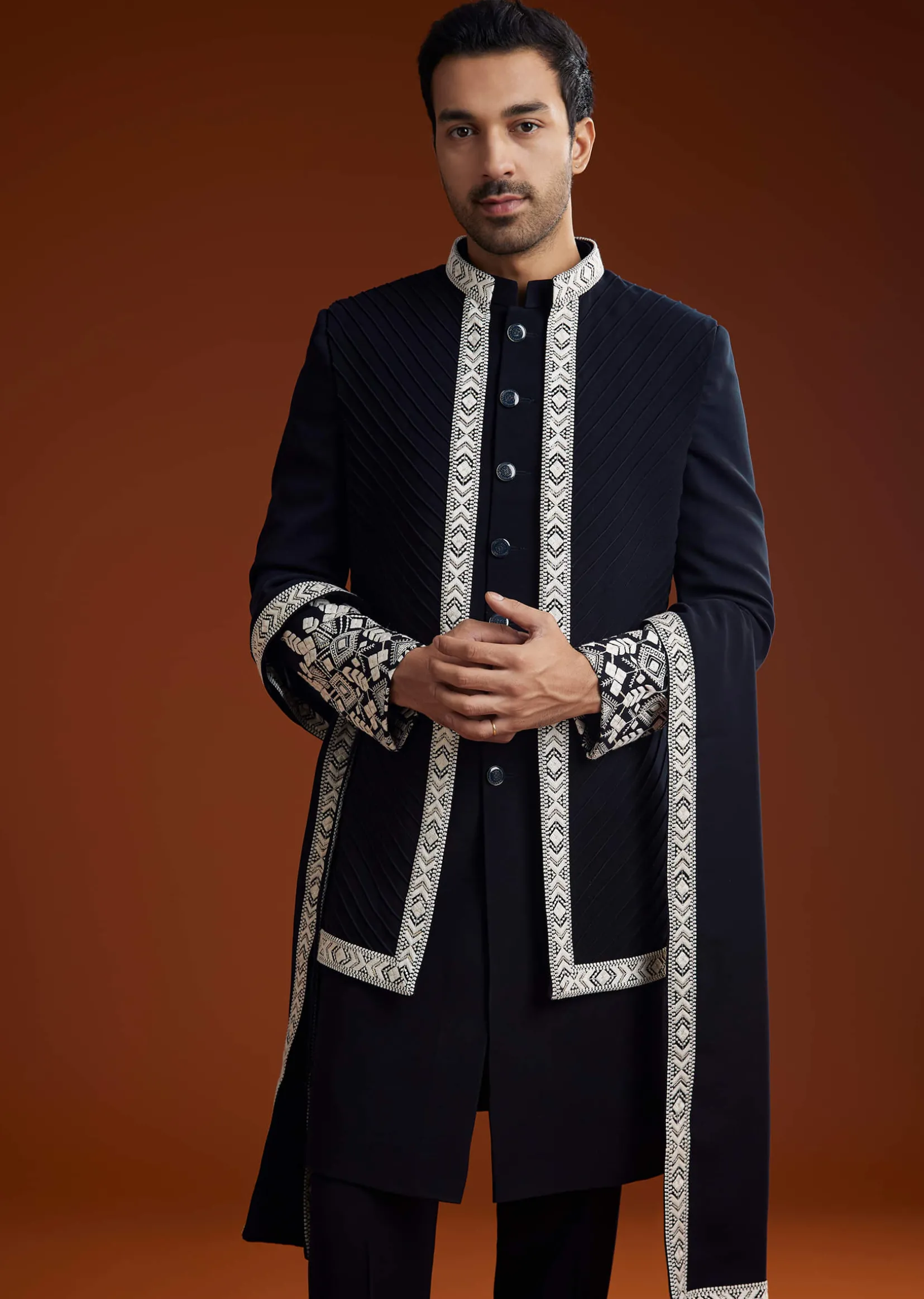 Blue Embroidered Indo Western Jacket Set With Dupatta