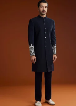 Blue Embroidered Indo Western Jacket Set With Dupatta
