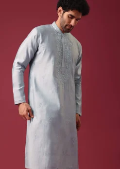 Blue Embroidered Kurta Set In Silk