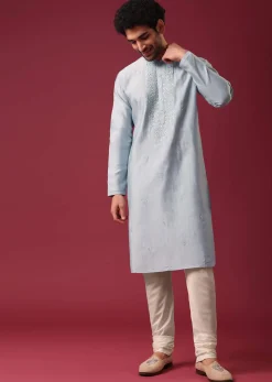 Blue Embroidered Kurta Set In Silk