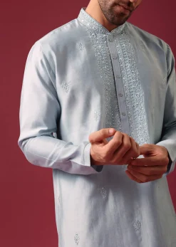 Blue Embroidered Kurta Set In Silk