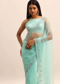 Blue Embroidered Net Saree With Unstitched Blouse