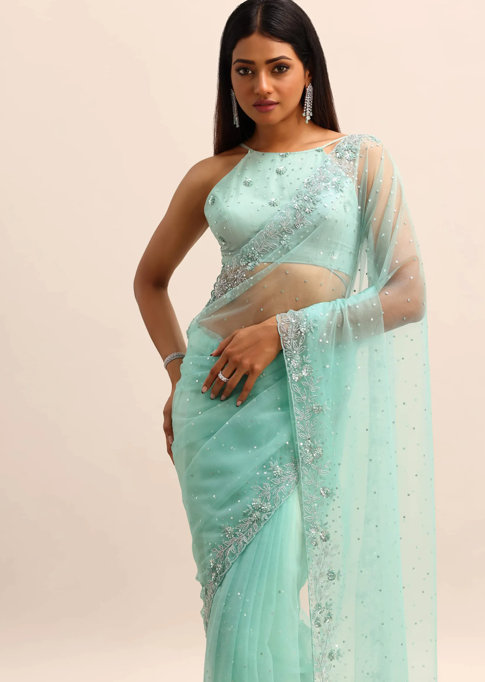 Blue Embroidered Net Saree With Unstitched Blouse