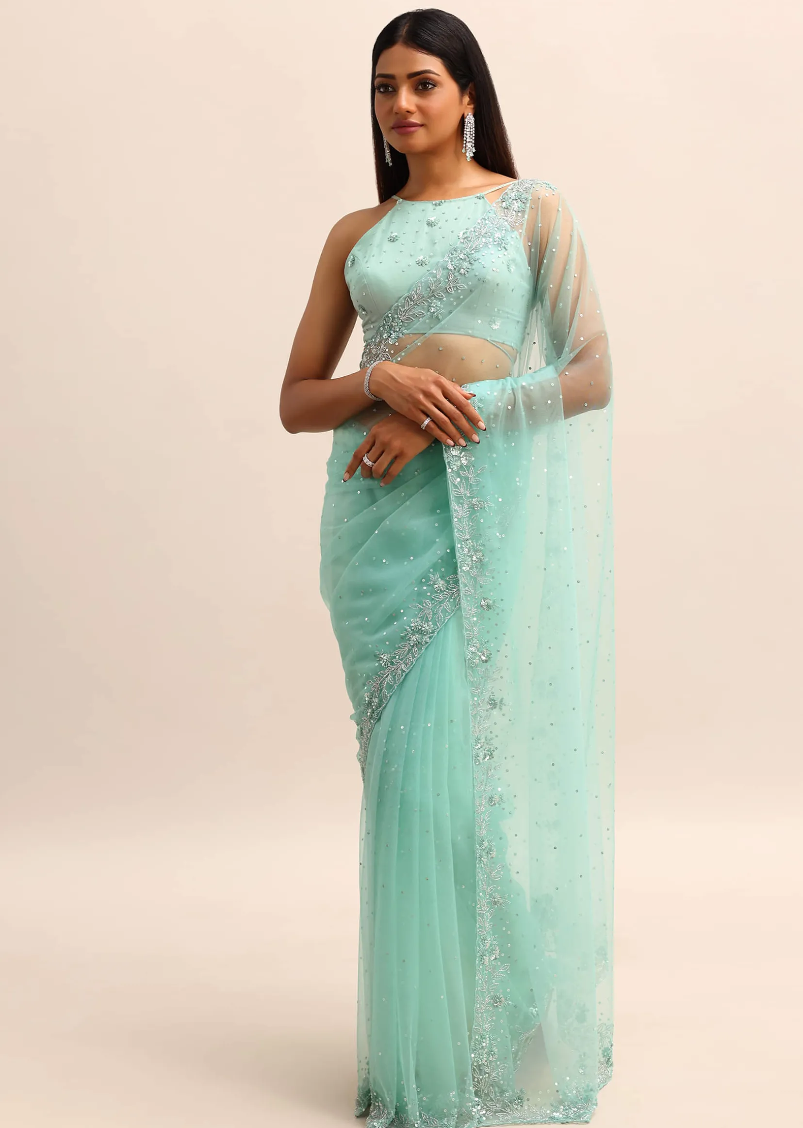 Blue Embroidered Net Saree With Unstitched Blouse