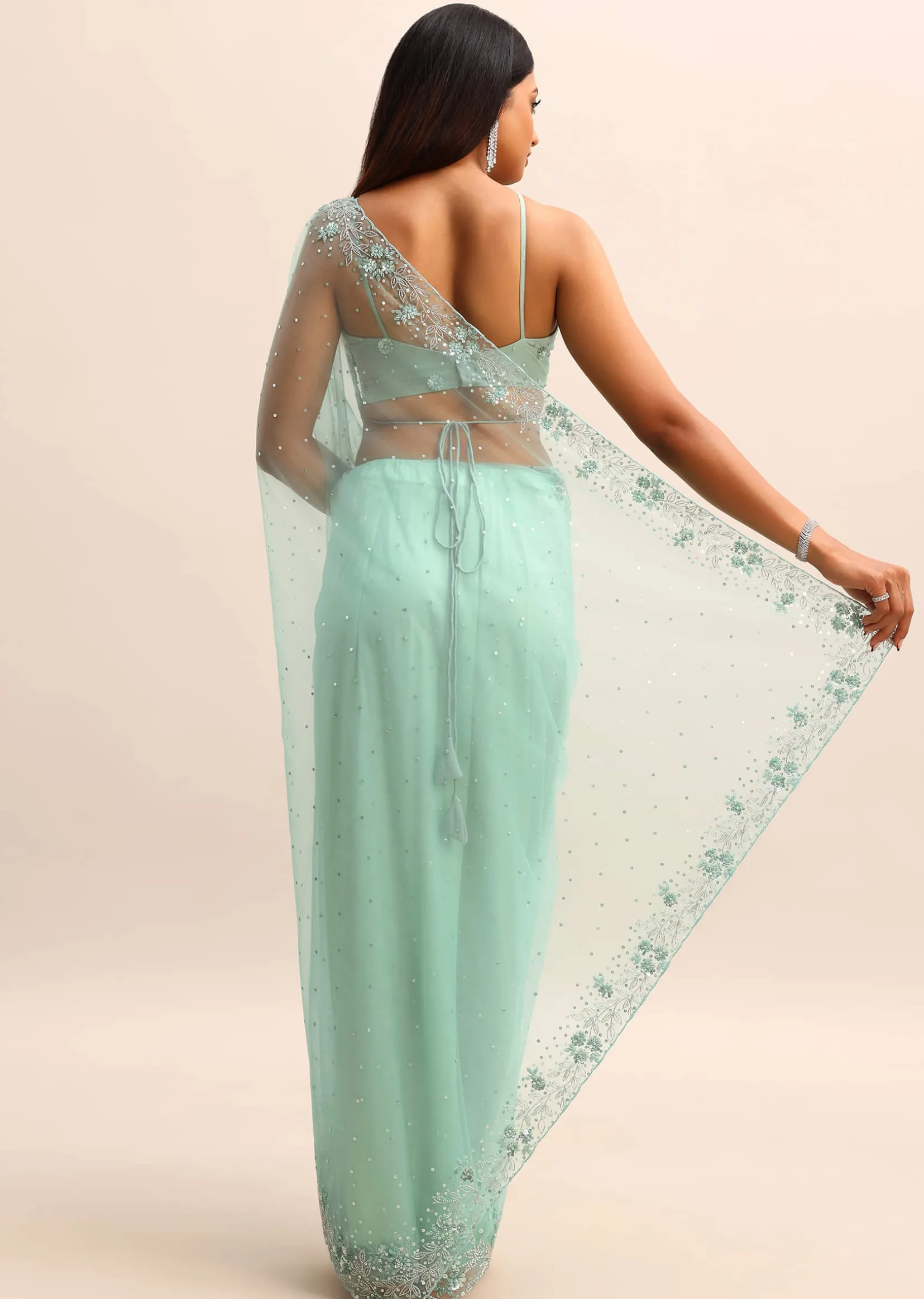 Blue Embroidered Net Saree With Unstitched Blouse