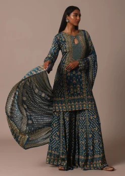 Blue Embroidered Sharara Set With Printed And Stone Work Kurta
