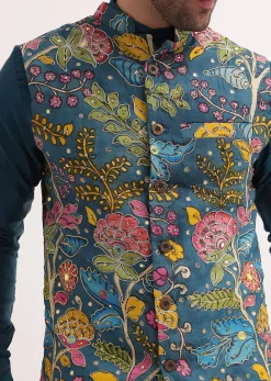 Blue Embroidered Silk Kurta Jacket Set For Men