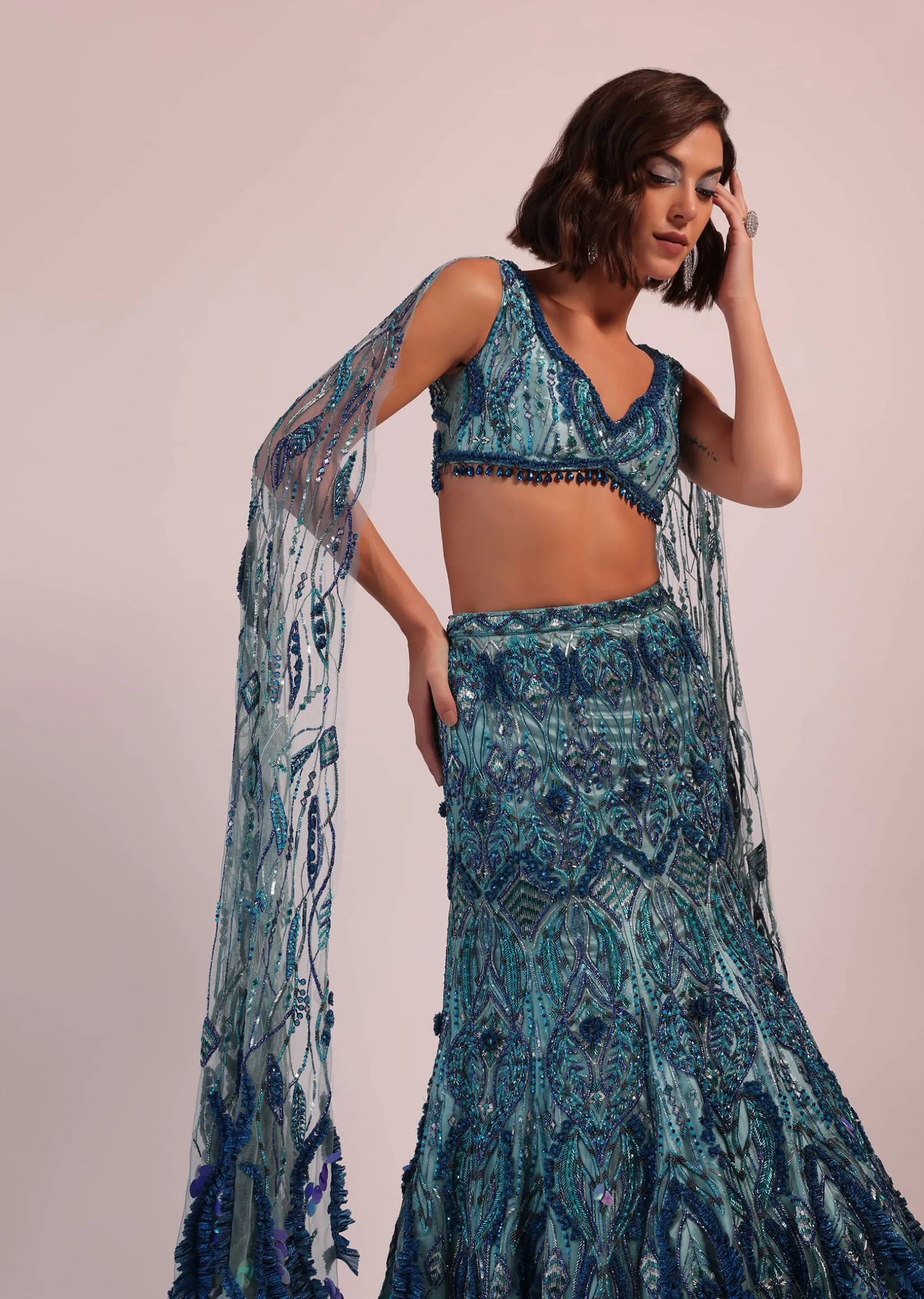 Blue Fish Cut Bridal Lehenga Set With Long Trail Sleeves And Heavy Embroidery