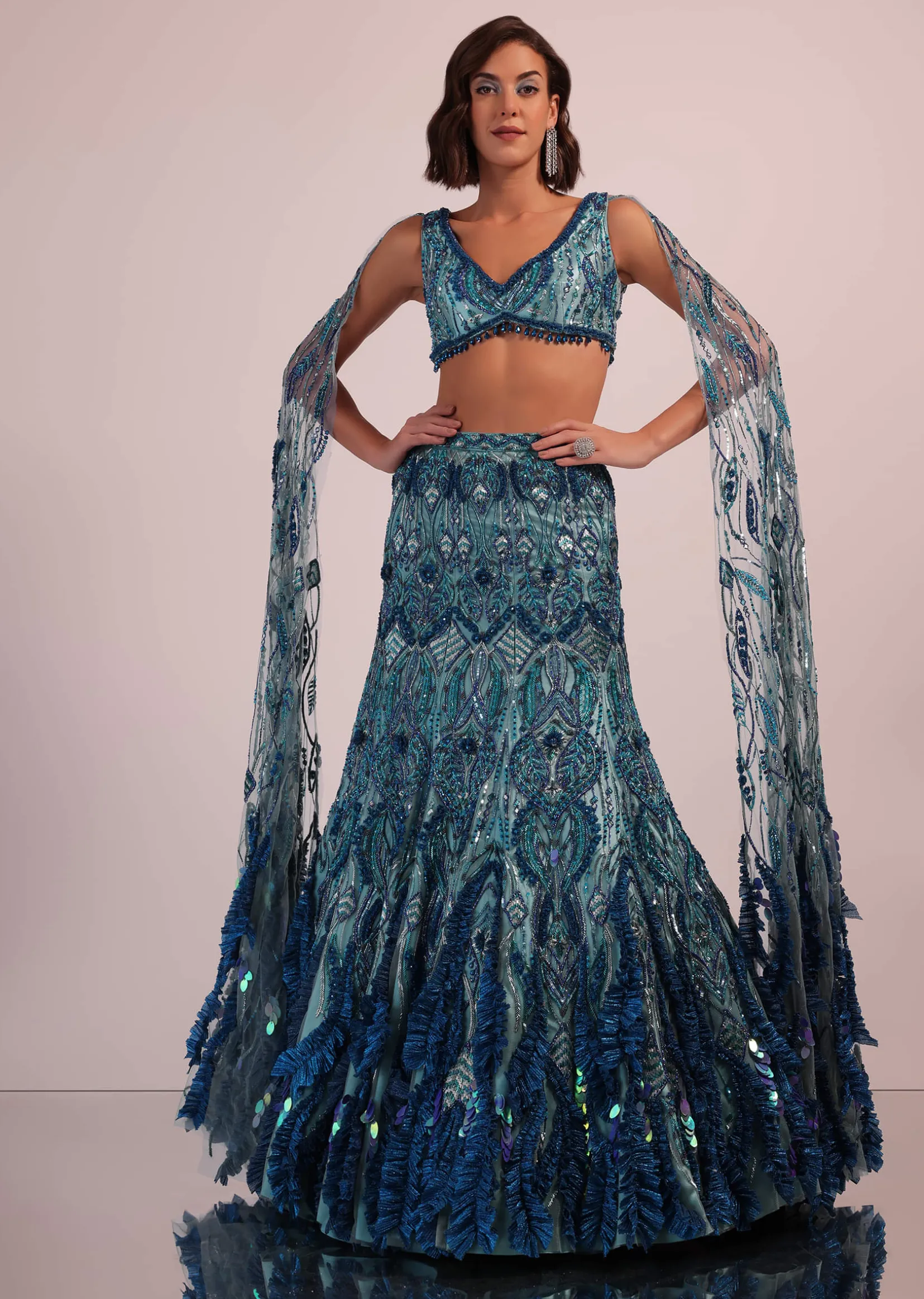 Blue Fish Cut Bridal Lehenga Set With Long Trail Sleeves And Heavy Embroidery